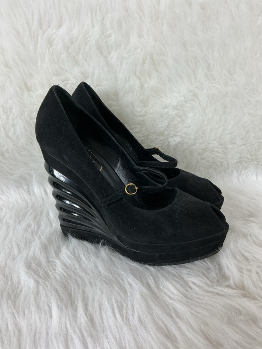YSL Yves Saint Laurent Black Suede Robyn Winged Molded Wedge Pumps 39.5 US 9.5